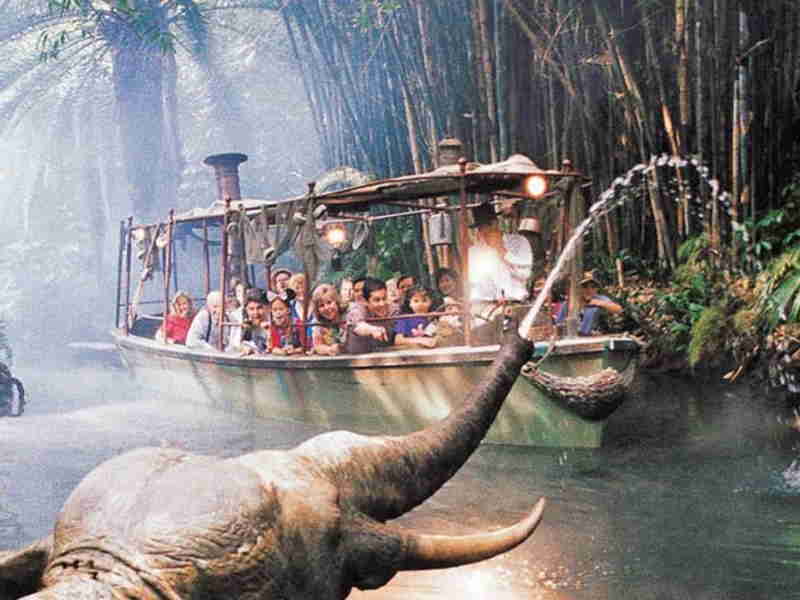 elefante tira agua a visitantes en lancha del jungle cruise