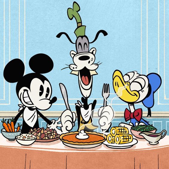 Dibujo Micjey; goofy y Donald comiendo